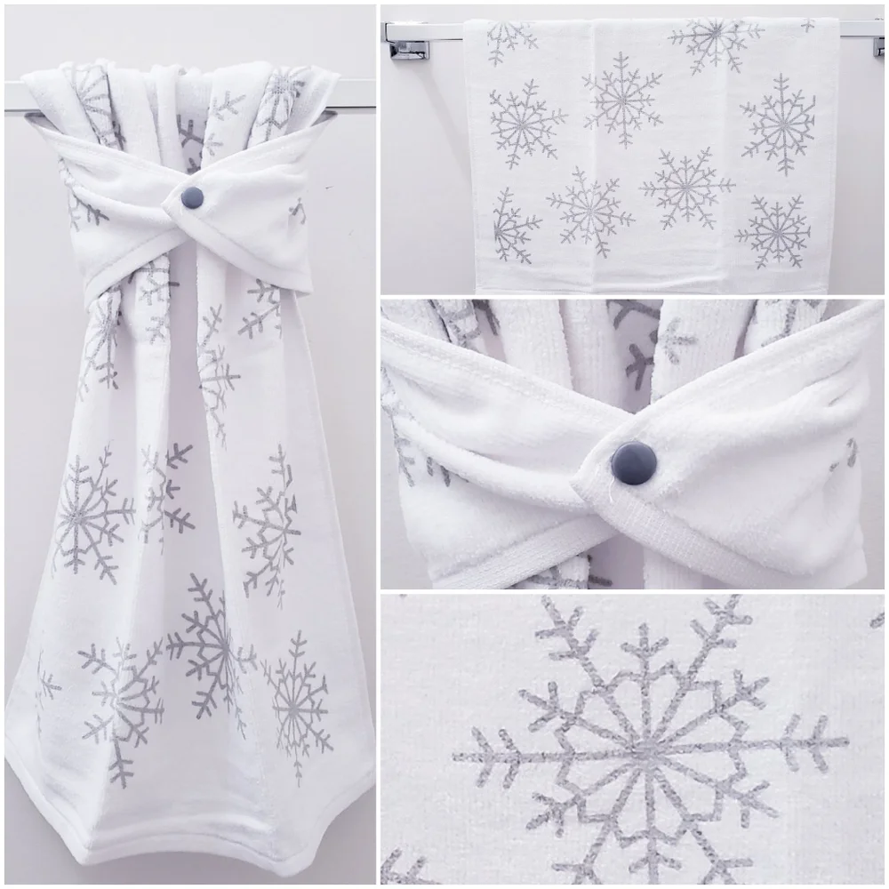 🆒️#0978-B ●NEW! Gray Snowflakes on White bkground Hang'N'Snap Towel GRAY SNAP